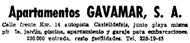 Anuncio de los apartamentos GAVAMAR de Gav� Mar publicado en el diario LA VANGUARDIA (26 de Junio de 1965)